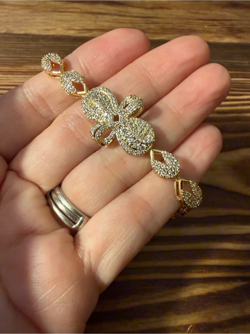 Gold Plated Crystal Floral Link Bracelet for Women